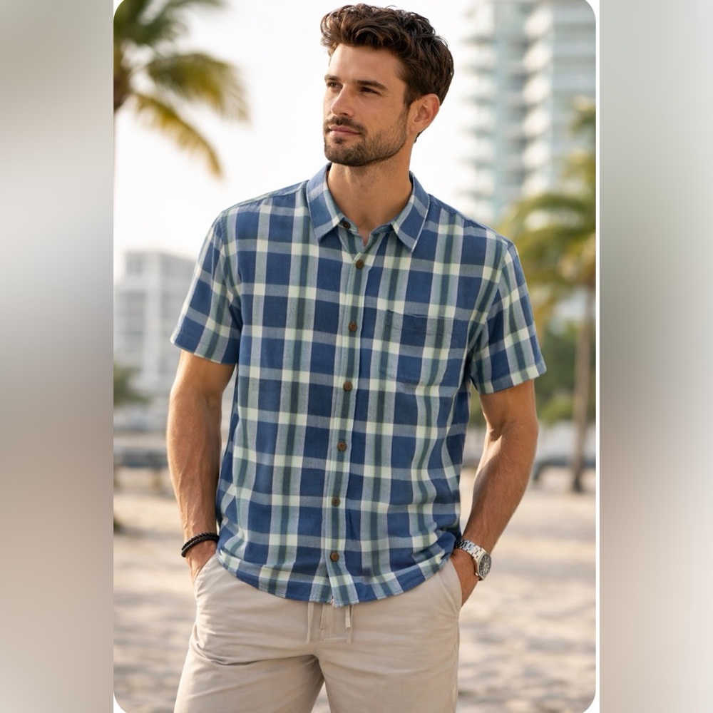 Tommy Bahama Silk Blue and Green Checkered Shirt